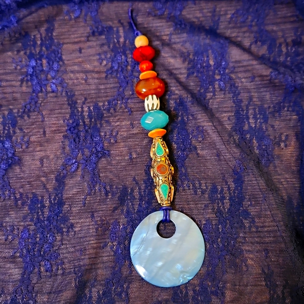 Eclectic charm/hanging adornment, Multi beads w/ Shale pendant, made by me.